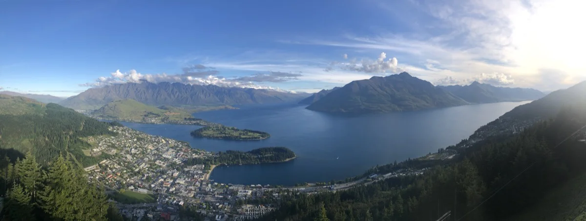 Queenstown panorama with Remarkables mountains and Lake Wakatipu - sober adventure travel Queenstown panorama with Remarkables mountains and Lake Wakatipu - sober adventure travel