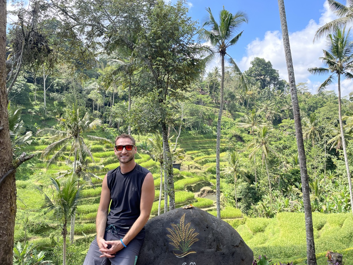 Zac at Tegallalang rice terraces, Ubud Bali - sober retreat destination